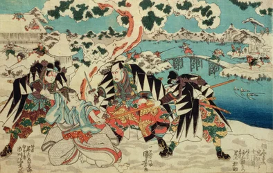 „Chushingura“ - příběh čtyřiceti sedmi róninů, samurajů bez pána; scéna z II. dějství, kdy róninové útočí na Moronaův hrad, vydáno kolem roku 1854